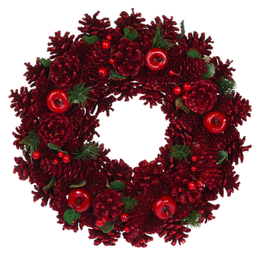 Coroniță Crăciun, cu conuri de brad, 34 cm, roșu