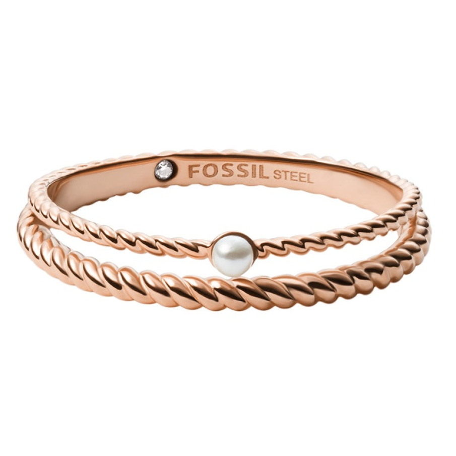 Inel auriu rose Fossil, cu aspect stratificat și decorat cu o imitație de perlă 