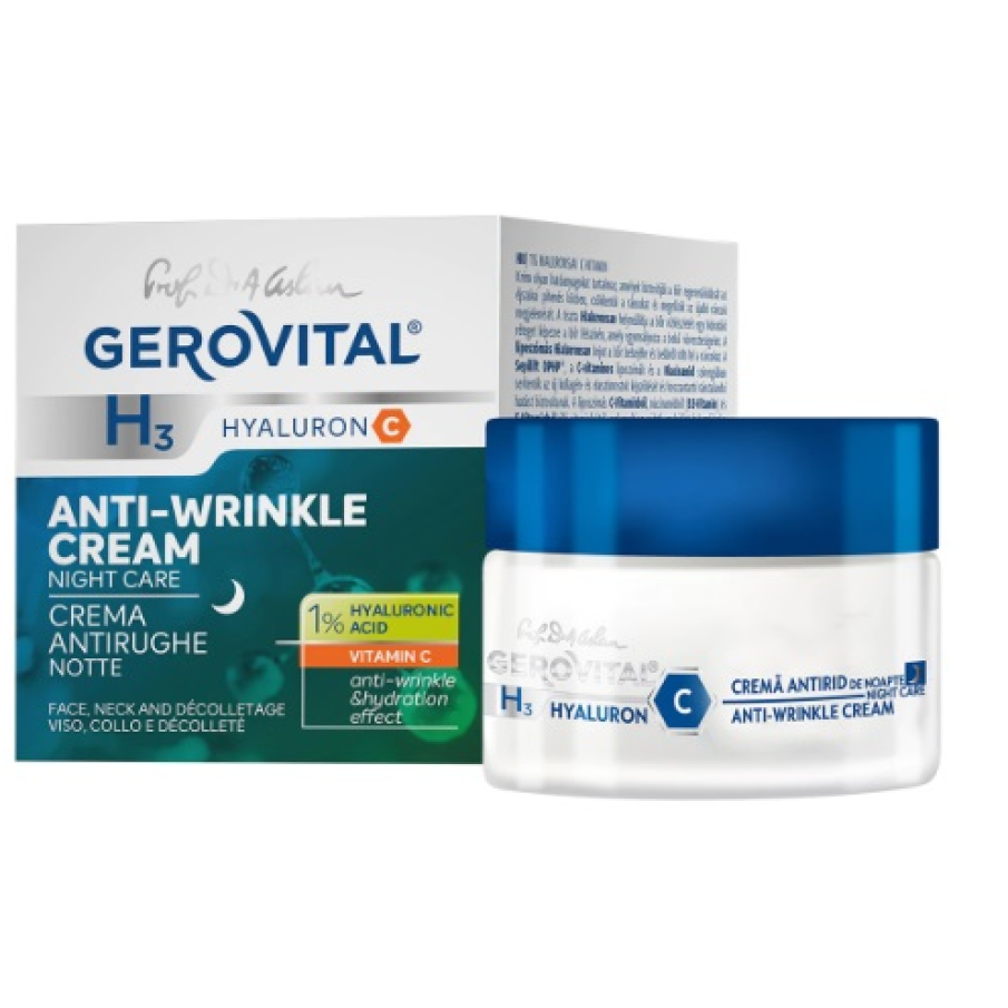 Crema antirid de noapte Gerovital H3 Hyaluron C - o cremă excelentă care asigură regenerarea pielii pe timpul nopții datorită conținutului său de Vitamina C lipozomală, Niacinamidă (Vitamina B3), acid hialuronic lipozomal și Vitamina E