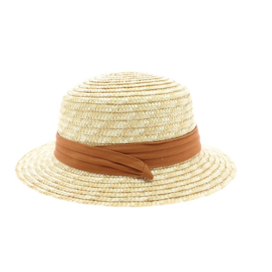 Pălărie de soare Anoul, din paie, cu bor mic și bandă decorativă textilă maro 