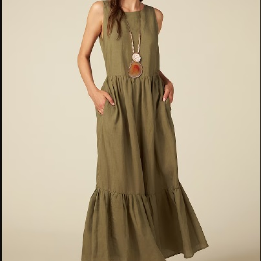 Rochie maxi din amestec de în, cu model stratificat, în nuanță de verde sparanghel