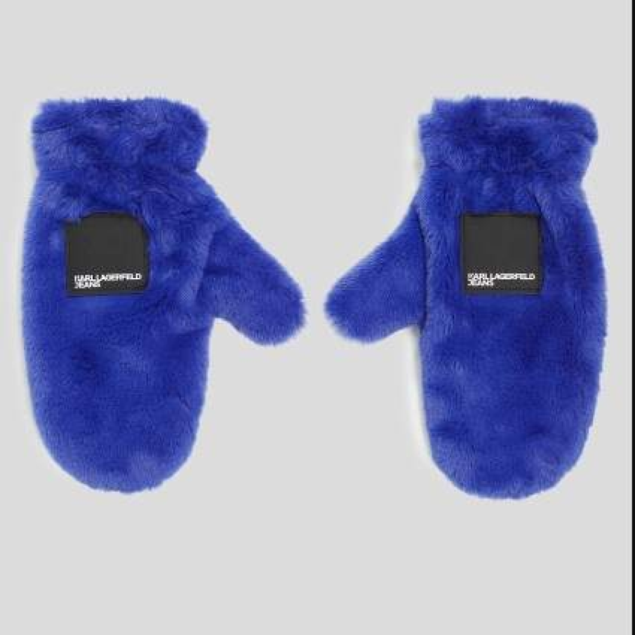 Mănuși trendy și călduroase by KARL LAGERFELD JEANS, confecționate din blană sintetică albastră cu logo
