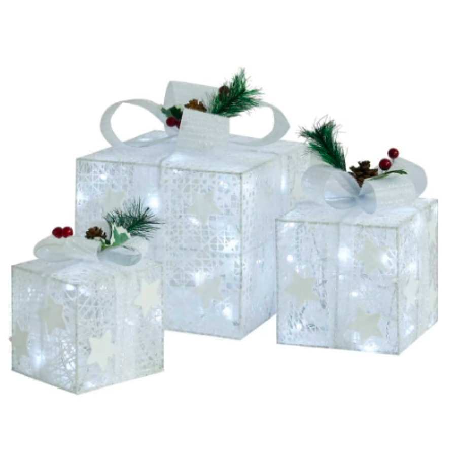 Set cutii cadou de Crăciun decor vidaXL, 3 piese, alb, exterior/interior, 20 x 20 x 20 cm