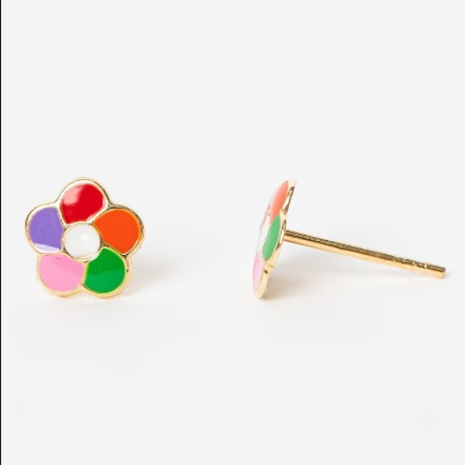 Cercei multicolori  L'Instant D'or, din aur de 9K, în formă de floare. Dispun de sistem de închidere cu șurub