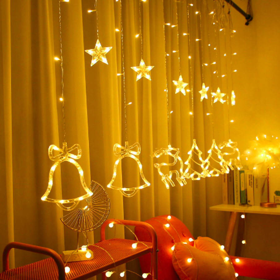 Instalație de Crăciun, Perdea luminoasă, Nevermore®, Stele mici cu Cerb, 3 m, Interconectabila, Alb cald