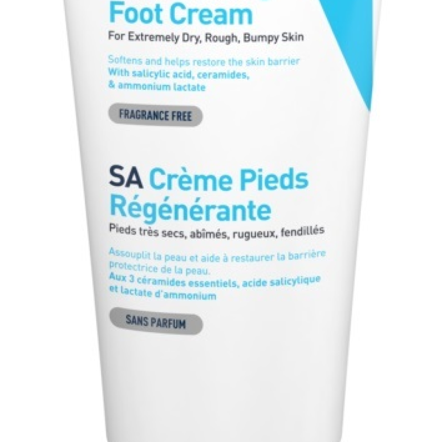 Cremă reparatorie pentru picioare SA de la CeraVe. Conține acid salicilic pentru înmuierea pielii crăpate, ceramide, acid hialuronic și vitamina D pentru refacerea straturilor epidermei