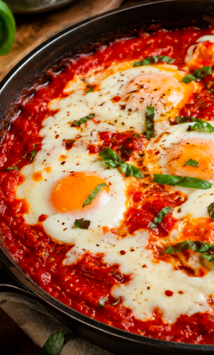 Ouă coapte în sos de roșii cu mozzarella și busuioc: cina caldă și aromată care se face aproape fără efort