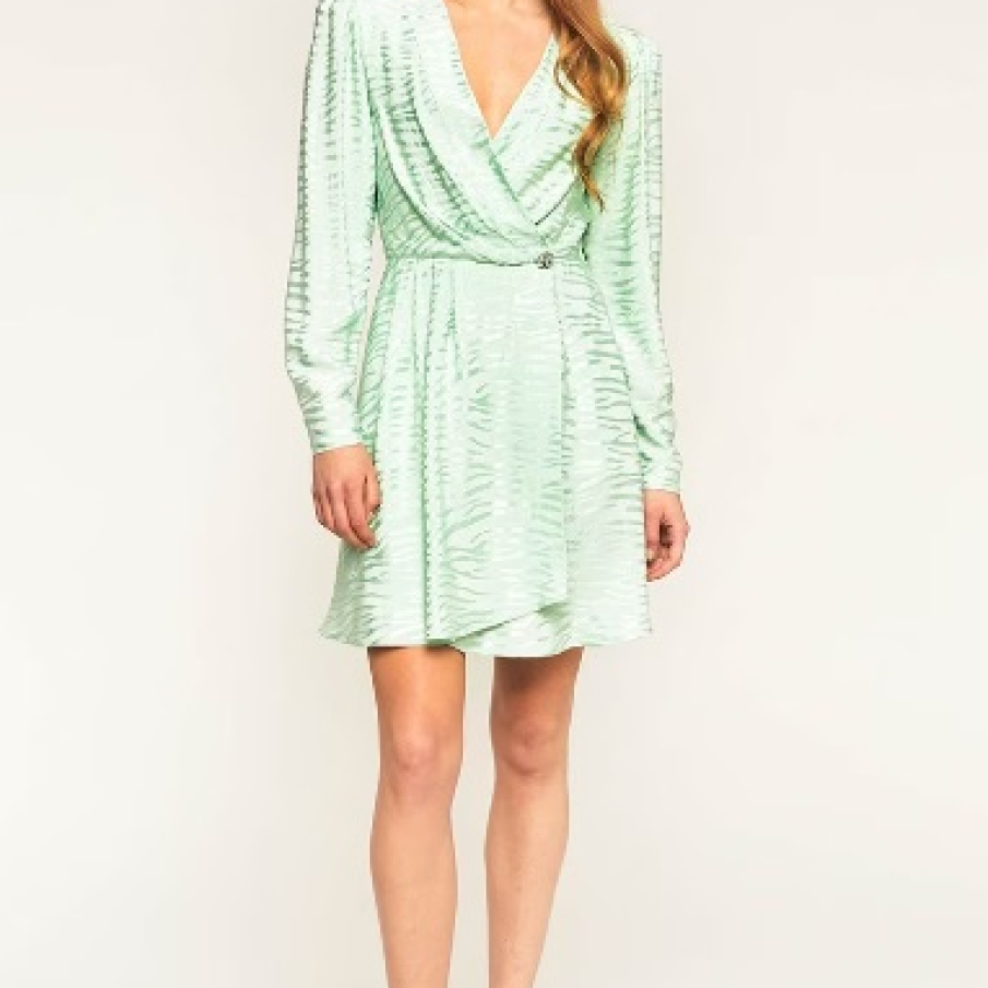 Rochie petrecută de satin de la Motivi, cu imprimeu delicat tip animal prinț, în nuanță de verde deschis 