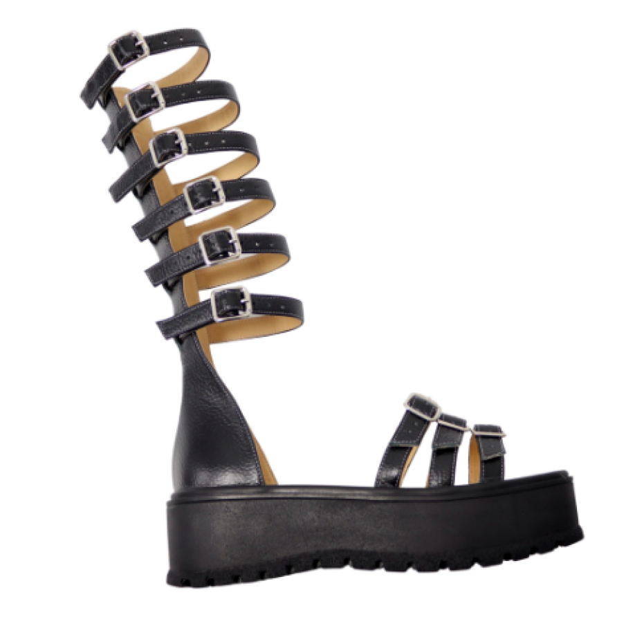 Sandale cu Catarame și Talpă înaltă, Roma Mateo Shoes, Piele Naturală, Negru