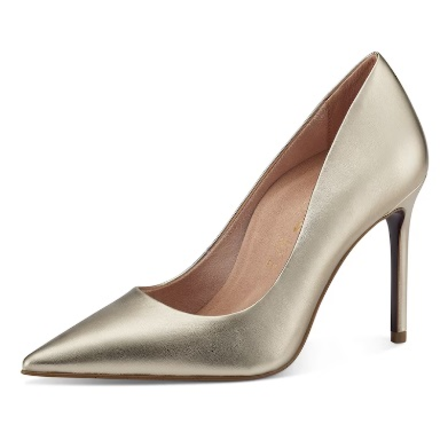 Pantofi Tamaris tip stiletto, de piele, într-o nuanță uni de auriu metalizat 