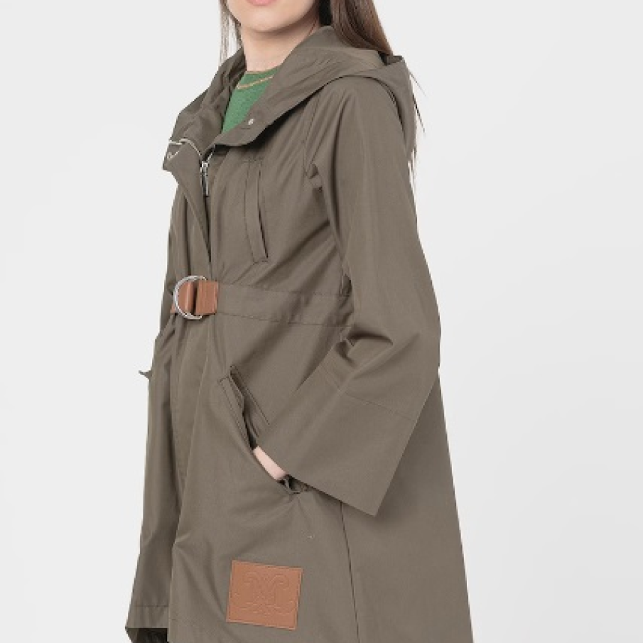 Trenci asimetric Max&Co în nuanță de verde închis cu detalii  maro și glugă 