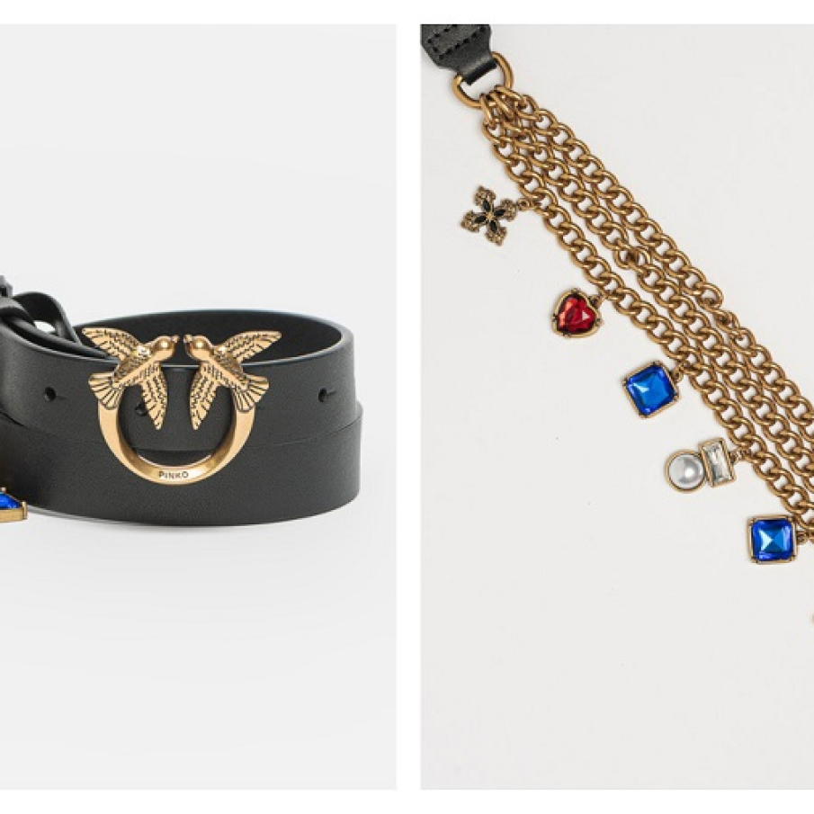 Curea neagră de piele cu lanț auriu decorat cu pandantive multicolore, de mai multe forme 