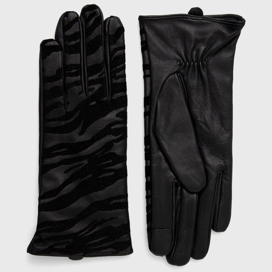 Mănuși negre Only, din piele naturală, cu un imprimeu deosebit pe fața exterioară tip animal print 