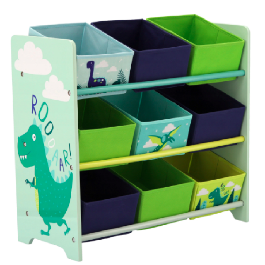 Raft depozitare și organizare jucării, 9 compartimente, 65x60x28cm, verde albastru