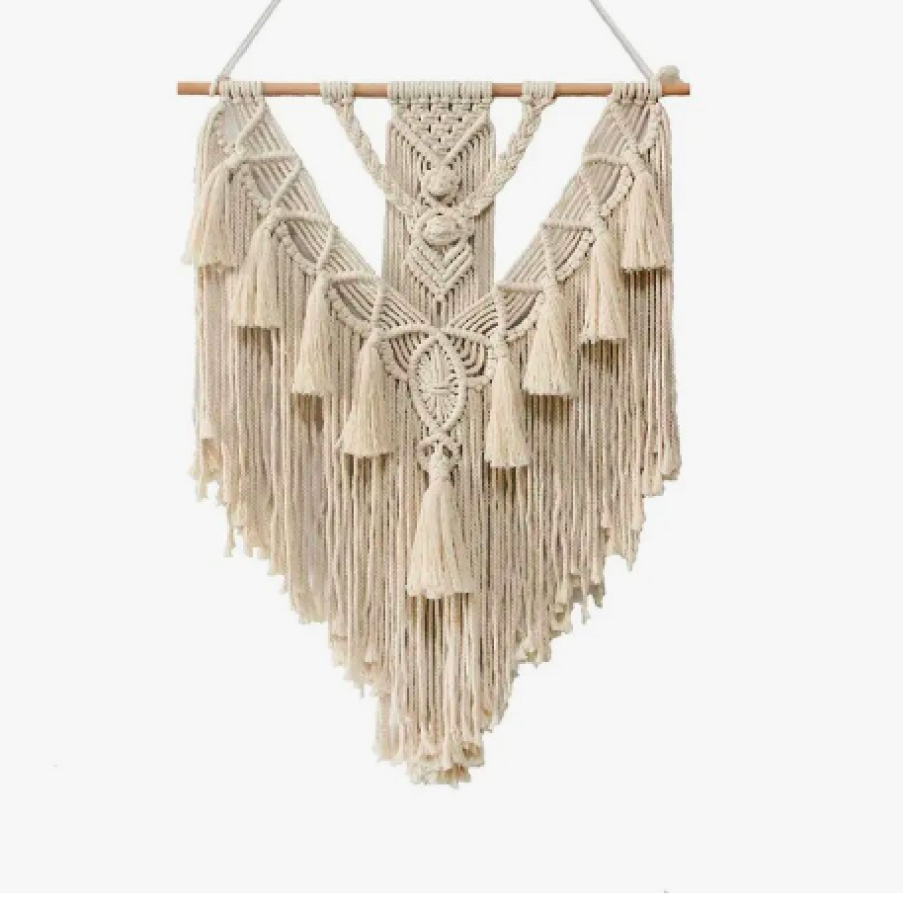 Decorațiune de perete Bohemian Chic din Macrame, Țesut manual, cu suport de lemn, Textil-Bej deschis, Wall Hanging, 70x55cm