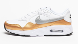 Pantofi sport albi Nike din material textil și piele Air Max SC, cu pete de auriu și gri. 