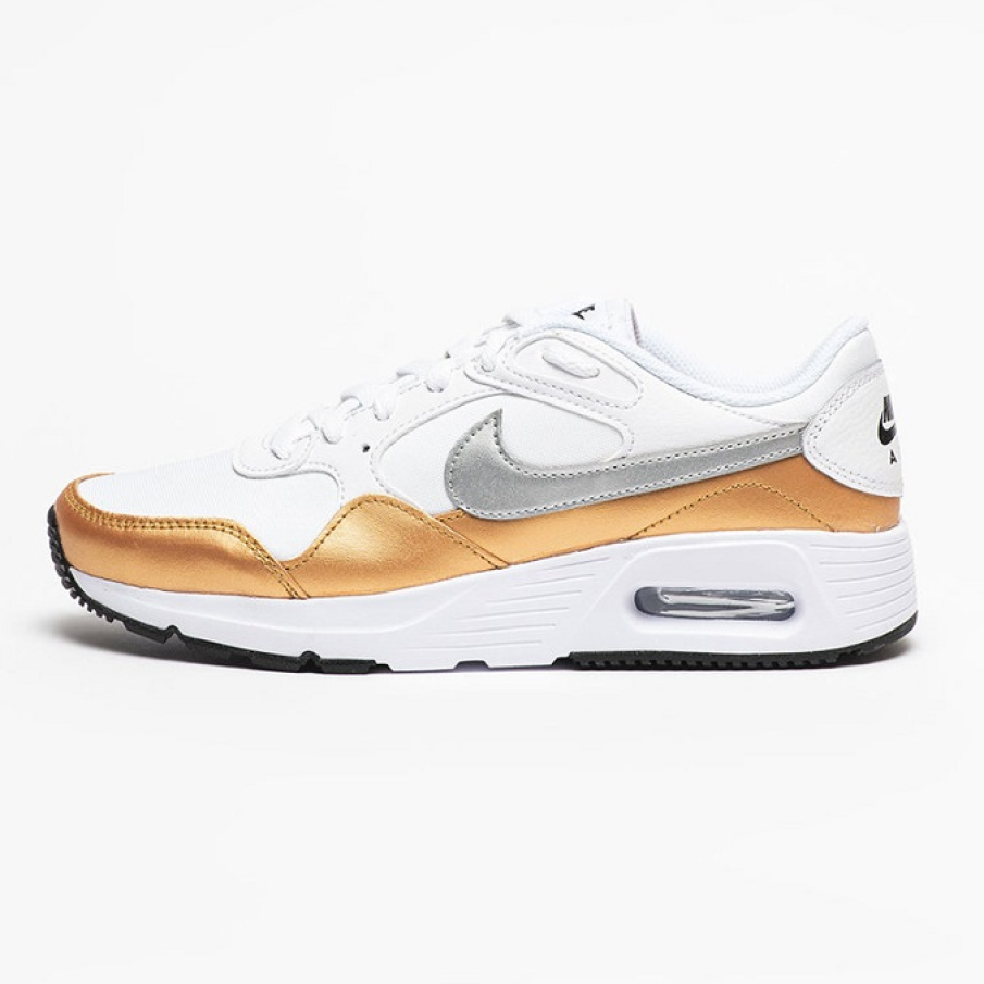 Pantofi sport albi Nike din material textil și piele Air Max SC, cu pete de auriu și gri. 