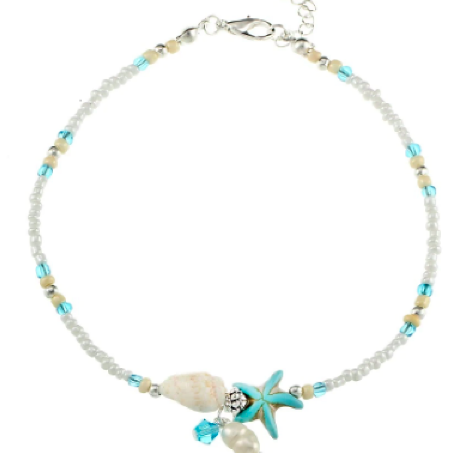 Lănțișor pentru glezna cu scoică și steluța de mare, din mărgele și perle, reglabilă tip șnur, Alb și Turcoaz