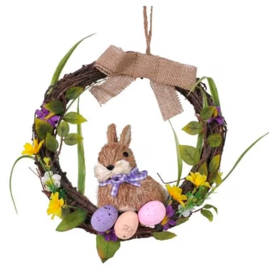 Coroniță decorativă de Paște cu flori, iepuraș și ouă pictate, multicolor, 27 cm