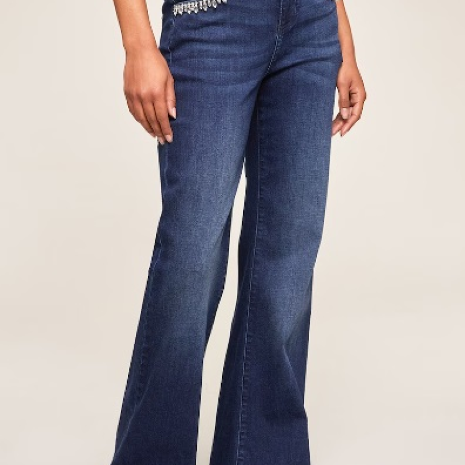 Blugi ampli Motivi în nuanță de albastru închis, decorați cu ștrasuri în dreptul buzunarelor