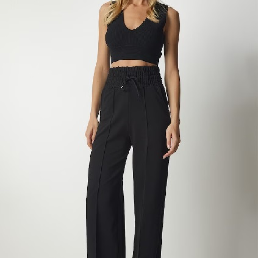 Pantaloni drepți negri din bumbac Happiness İstanbul, cu talie foarte înaltă, în stil sport casual 