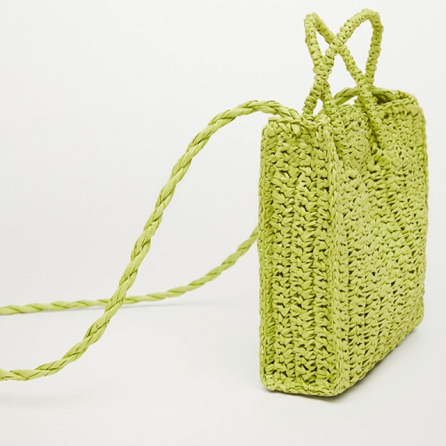 Geantă Mango de tip crossbody, din rafie  împletită, într-o nuanță inedită de verde lime