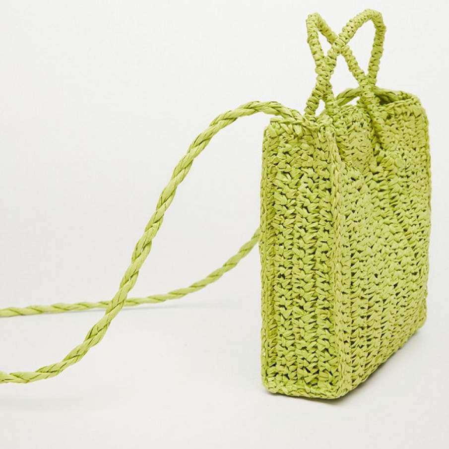 Geantă Mango de tip crossbody, din rafie  împletită, într-o nuanță inedită de verde lime
