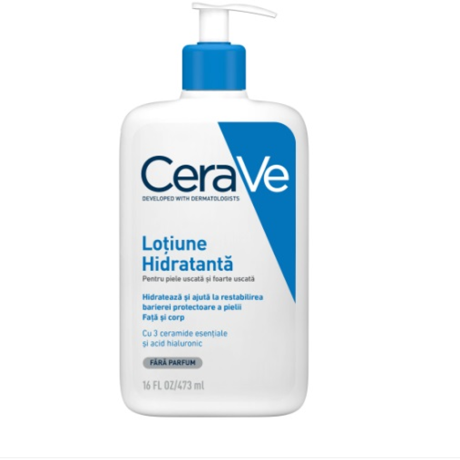 Loțiune hidratantă pentru față și corp CeraVe. Are o formulă lejeră și ușoară, ce se absoarbe ușor în piele și o hidratează pe parcursul întregii zile. 