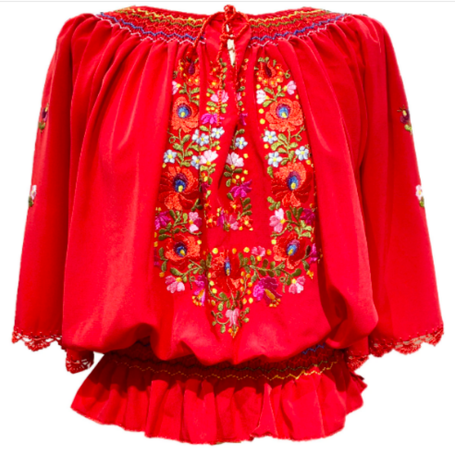 Bluză tip ie, motiv floral tradițional românesc brodat, Roșu