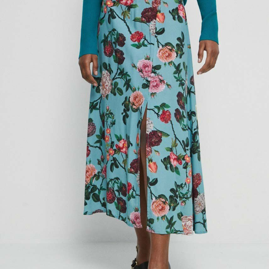 Fustă turcoaz Medicine, cu imprimeu floral statement, talie înălțată și crăpătură 