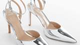 Pantofi eleganți Mango cu aspect argintiu metalizat, lucios, din piele ecologică