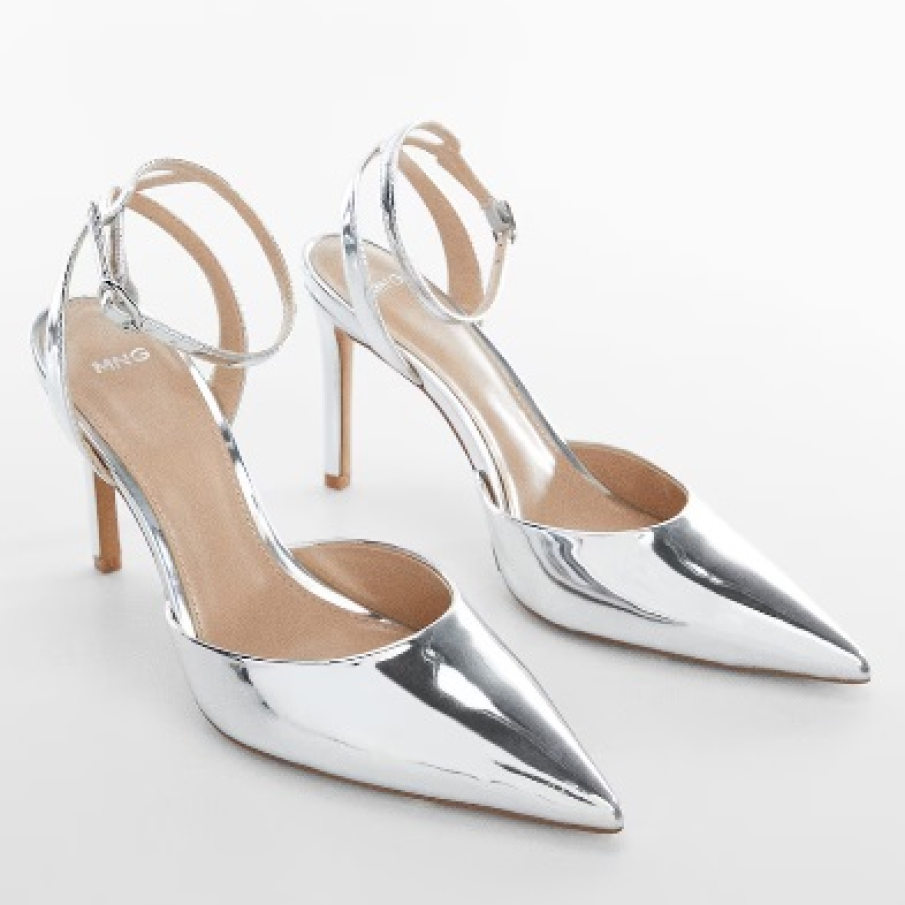 Pantofi eleganți Mango cu aspect argintiu metalizat, lucios, din piele ecologică
