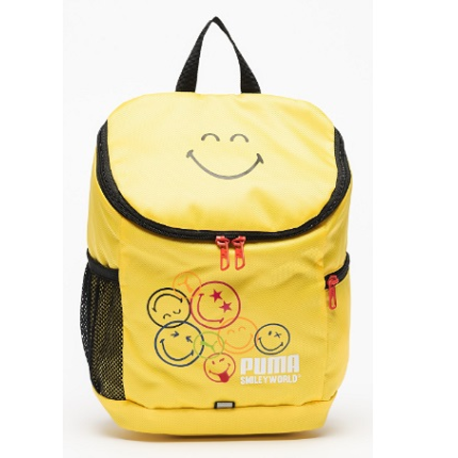 Rucsac galben Puma cu imprimeuri grafice tip smiley care inspiră veselie și bună dispoziție 