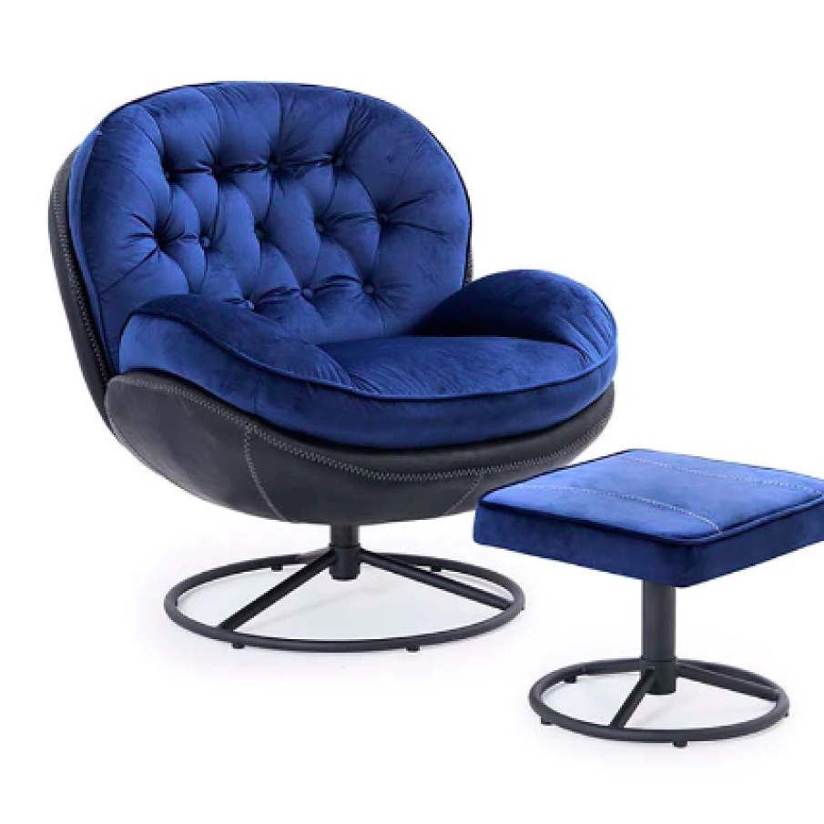 Fotoliu rotativ cu tamburet, culoarea albastru intens cu spate tapițat din imitație de piele neagră, dimensiuni52/83/85