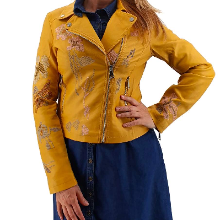 Geacă piele ecologică, galbenă, brodată