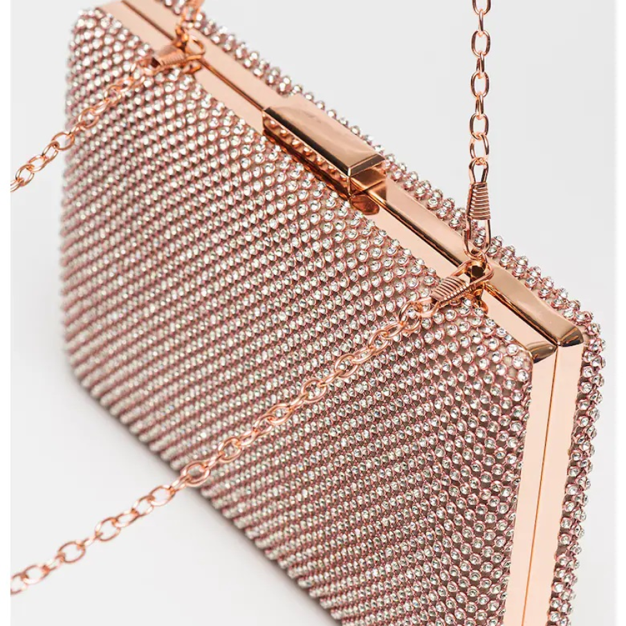 Geantă plic Antonia Moretti în nuanță de auriu rose, decorată cu ștrasuri pentru un efect metalic și elegant