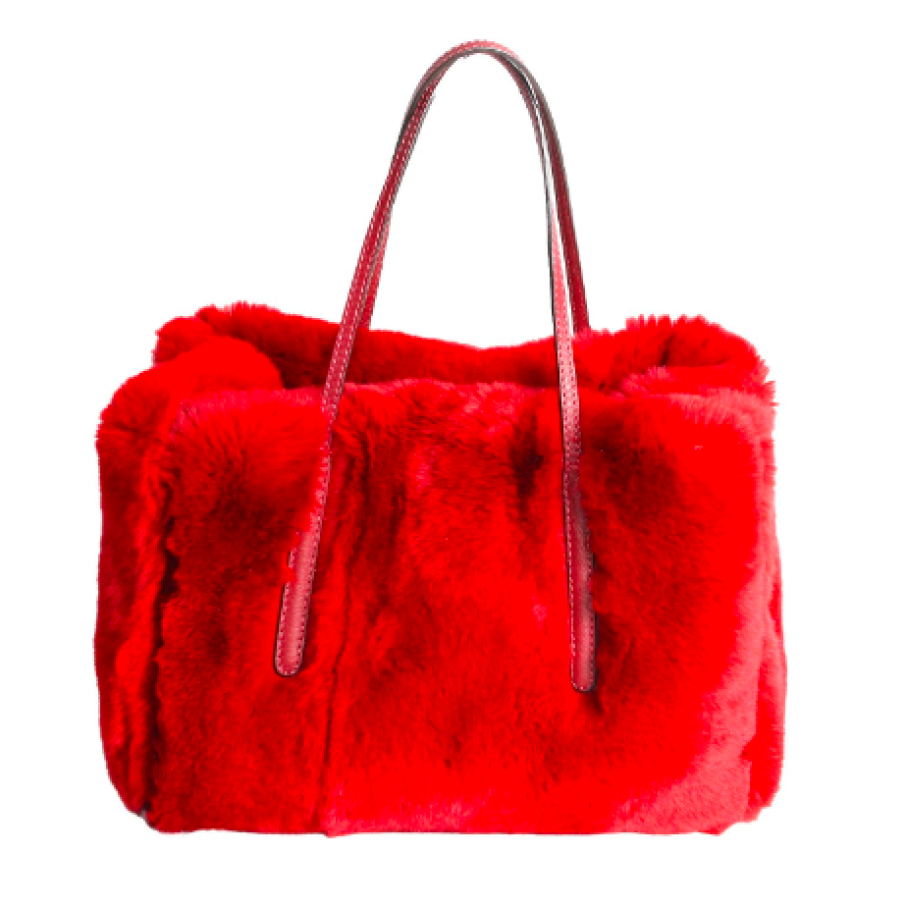 Geantă Damă din blană naturală iepure și piele naturală, Dellaconte, Roșu