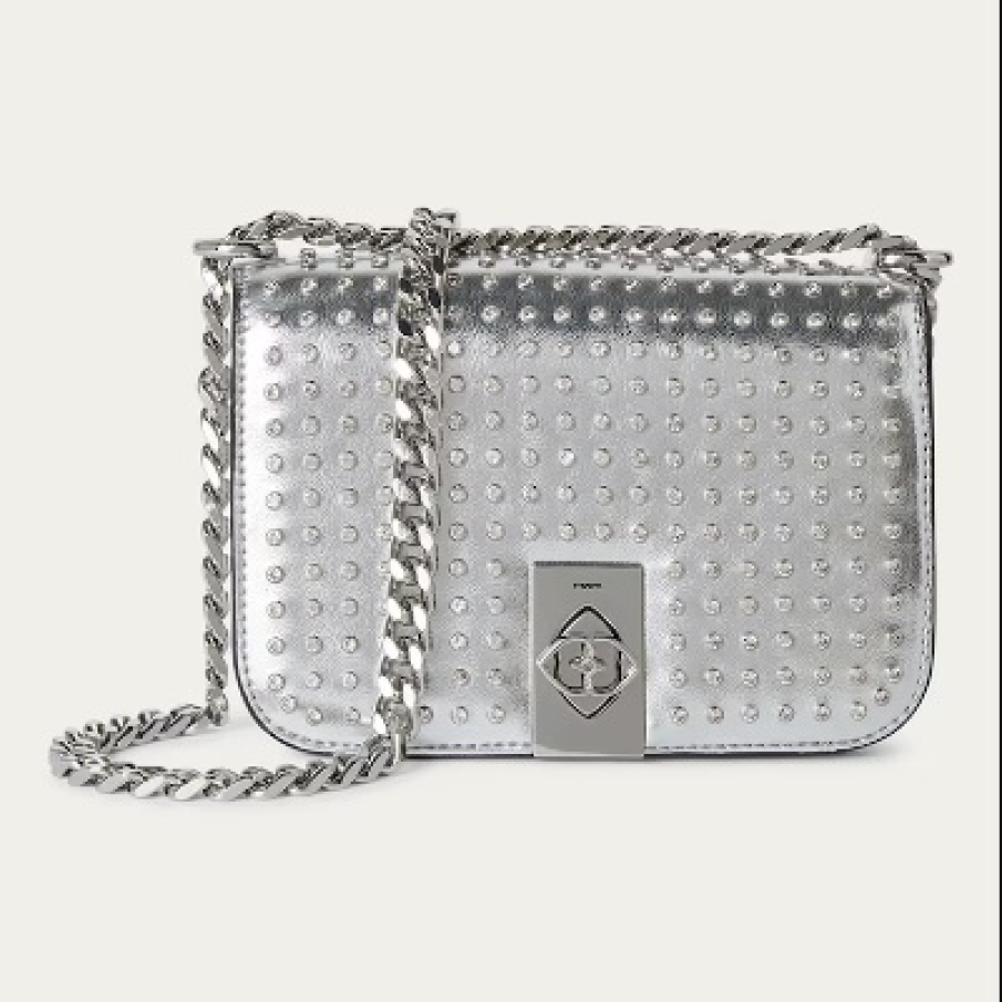 Geantă Motivi argintie, cu aplicații tip ștrasuri și bretea din lanț metalic 