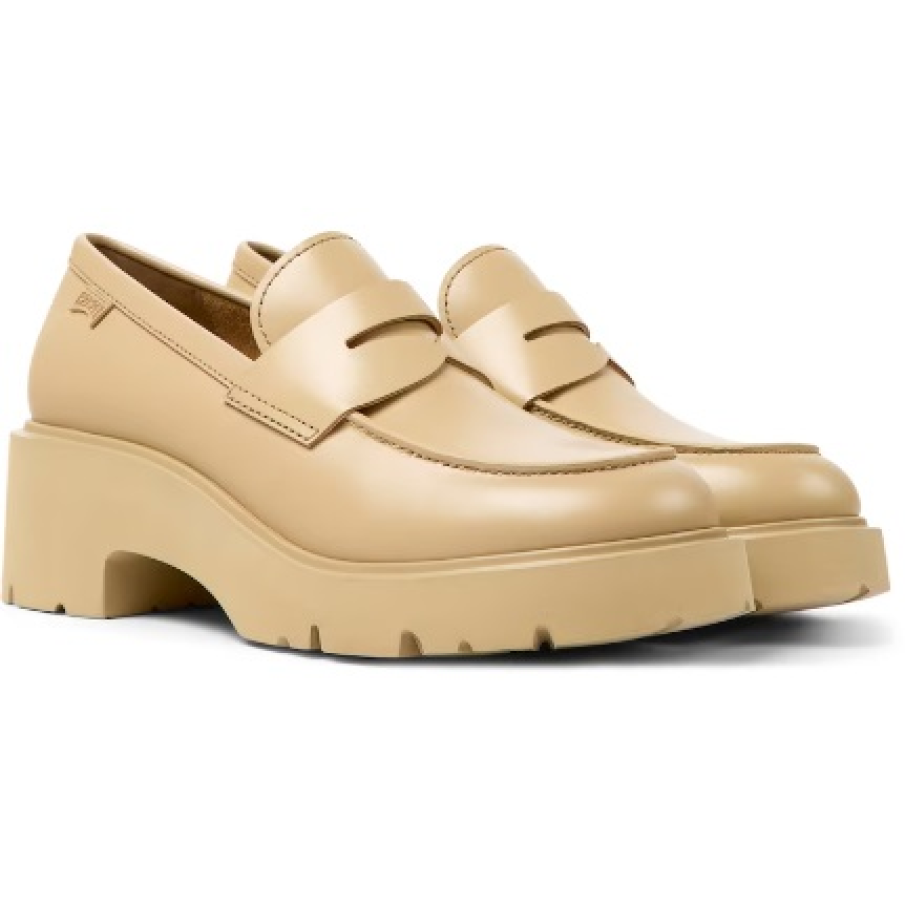 Pantofi loafer de piele Camper cu toc masiv, din piele naturală, în nuanță de bej 