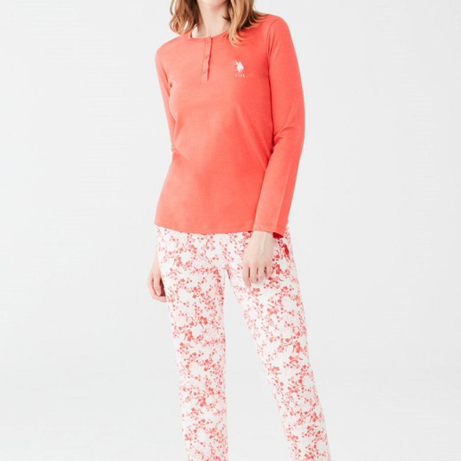 Pijama U.S. Polo Assn. corai, de bumbac, cu bluză uni cu mâneci lungi și pantaloni cu imprimeu floral