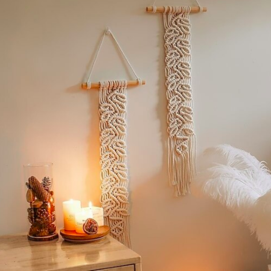 Decorațiune pentru perete macrame stil boho, lucrat de mâna, din bumbac natural, 72x20 cm, culoare alb-cald