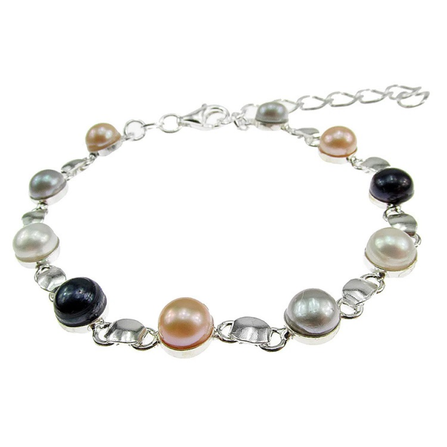 Brățară de argint cu perle de cultură, în culori alb, oranj, gri și negru, având dimensiuni de 6 MM