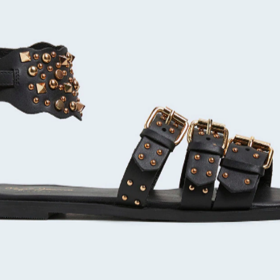 Pepe Jeans London, Sandale din piele ecologică cu aplicații cu ținte, Auriu/Negru