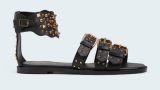 Pepe Jeans London, Sandale din piele ecologică cu aplicații cu ținte, Auriu/Negru