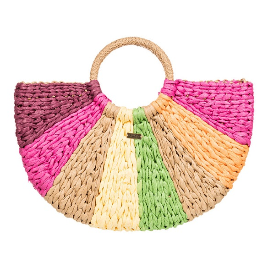 Geantă de mână din paie, tip colorblock, cu mânere rotunde, împletite 