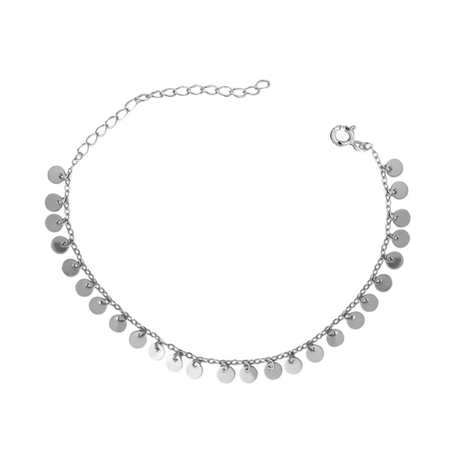 Brățară din argint tip salbă, cu bănuți care atârnă și îmbracă frumos glezna piciorului. Este ideală și pentru a fi dăruită drept cadou.