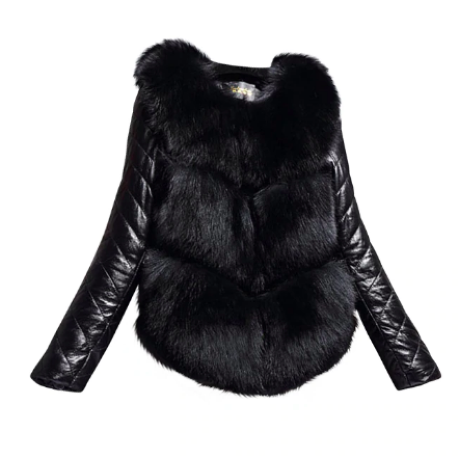 Jachetă damă din blană cu mâneci din piele ecologică, Negru