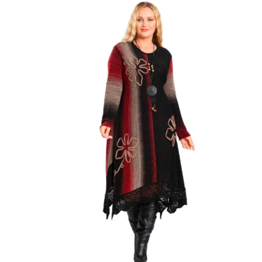 Rochie neagră boho chic tricotată cu bază asimetrică și model floral, Vîscoză