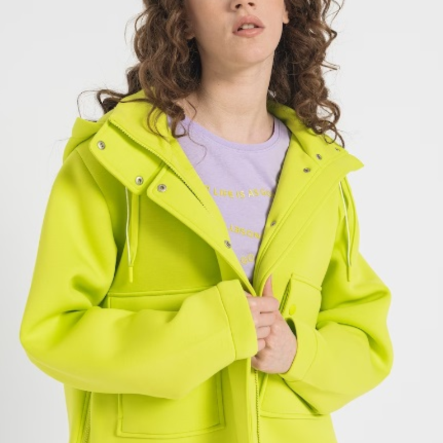 Jachetă uni în nuanță de verde lime intens cu fermoar, glugă și buzunare supradimensionate de la Tom Tailor 