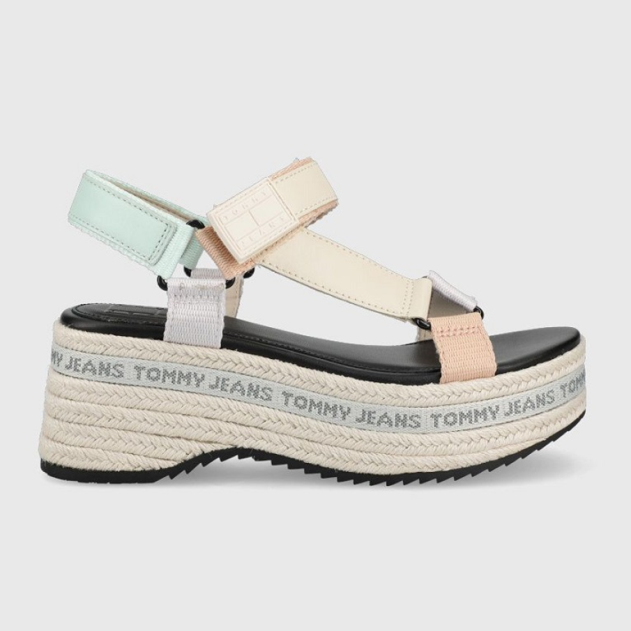 Sandale Tommy Jeans cu platformă, tip color-block pastelat, confecționate din material textil combinat cu piele naturală
